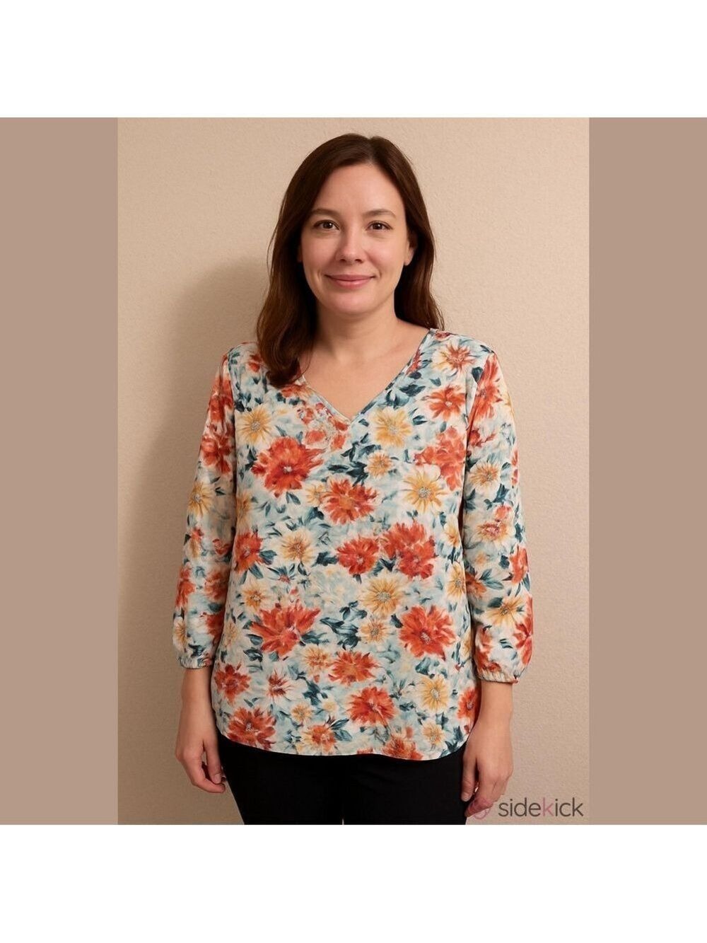 Mario Serrani Floral V Neck Long Sleeves Blouse,Top.Size Large.